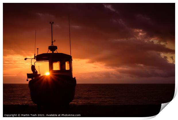 Fishing boat on shingle beach Print by Martin Tosh