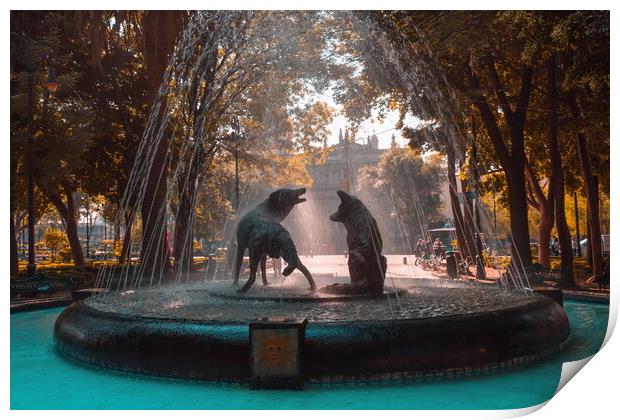 Coyoacan, Mexico City, Mexico, Drinking coyotes statue and fountain in Hidalgo Square in Coyoacan Print by Elijah Lovkoff