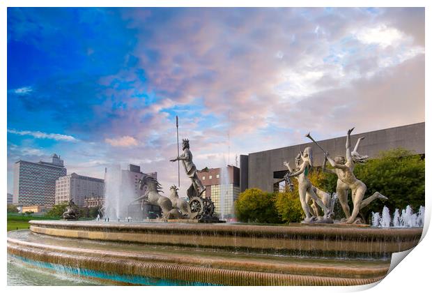 Monterrey, Macroplaza, Landmark Neptune Fountain,  Print by Elijah Lovkoff