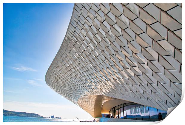 Famous MAAT Museum in Lisbon near river Tagus and Landmark 25 of April bridge Print by Elijah Lovkoff