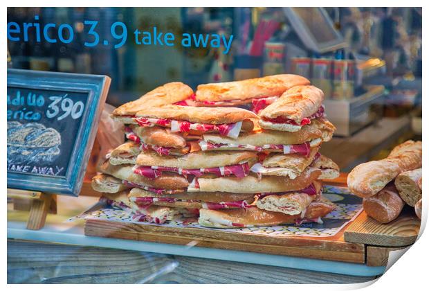 Famous Spanish jamon sandwich sold at the streets of Granada his Print by Elijah Lovkoff