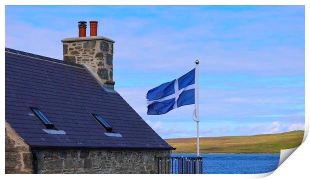 Shetland Flag waving on a typical medieval house in Lerwick downtown and port in Scotland, England Print by Elijah Lovkoff