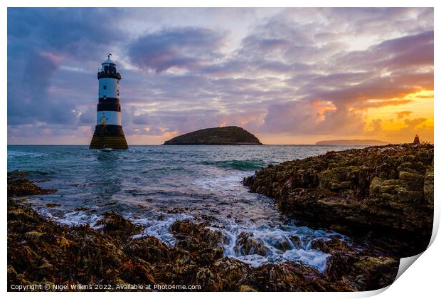 Penmon Lighthouse Sunrise, Anglesey Print by Nigel Wilkins