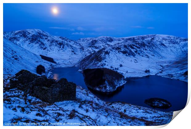 Hazy moon over Haweswater, Lake District Print by Nigel Wilkins