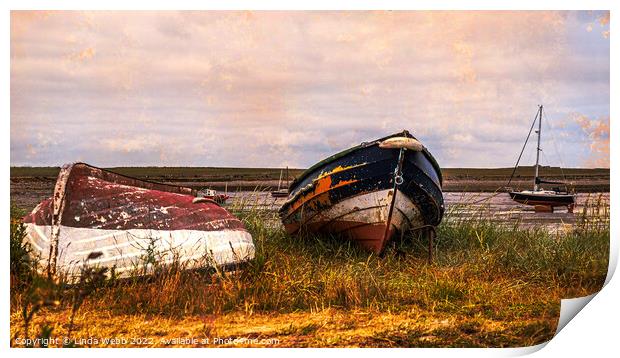 Abandoned boats on the shore of Lindisfarne, Holy Island, Northumberland, England Print by Linda Webb