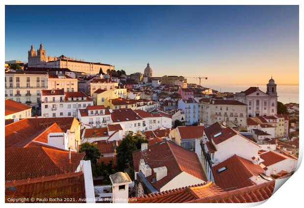 Lisbon cityscape, Alfama district at sunrise Print by Paulo Rocha