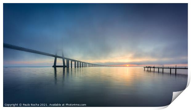 Long bridge over tagus river in Lisbon at sunrise with fog Print by Paulo Rocha