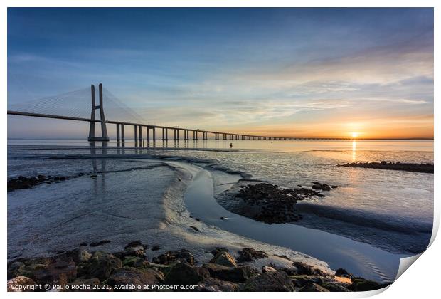Long bridge over tagus river in Lisbon at sunrise Print by Paulo Rocha
