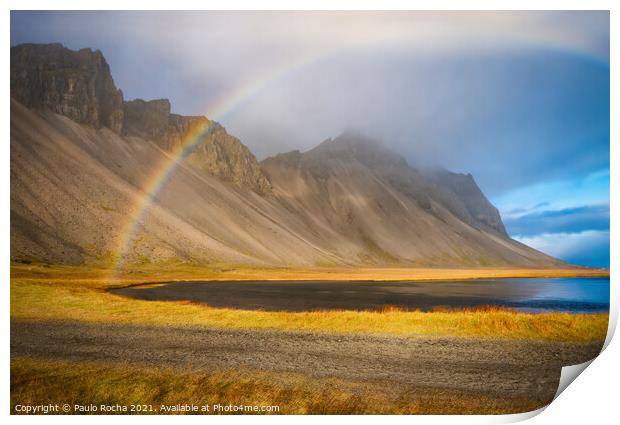 Vestrahorn mountain in stokksnes and rainbow Print by Paulo Rocha