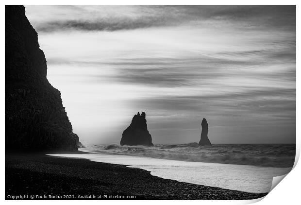 Reynisfjara black sand beach and Reynisdrangar rock formation - Iceland Print by Paulo Rocha