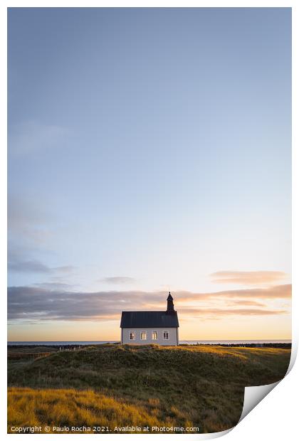 Strandkirkja (Strandar kirkja) in Iceland at sunset Print by Paulo Rocha