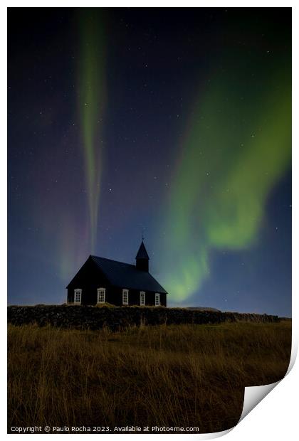 Northern Lights over The Black Church in Budir, Iceland Print by Paulo Rocha