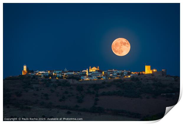 Night landscape of Monsaraz, Portugal, with a full moon Print by Paulo Rocha