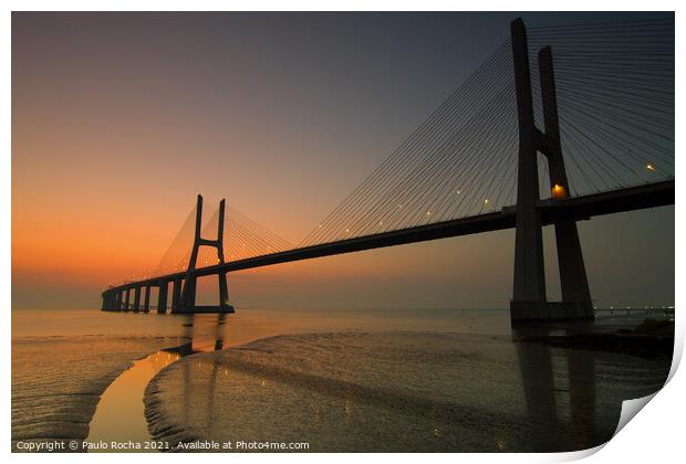 Vasco da Gama bridge, Lisbon, at dawn Print by Paulo Rocha