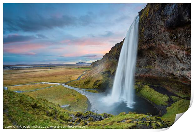 Seljalandsfoss waterfall in Iceland Print by Paulo Rocha