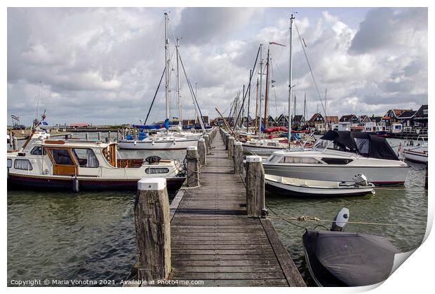 Pier with boats and yachts in Marken, Netherlands Print by Maria Vonotna