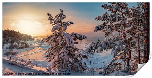 Snowy landscape at sunset Print by Maria Vonotna