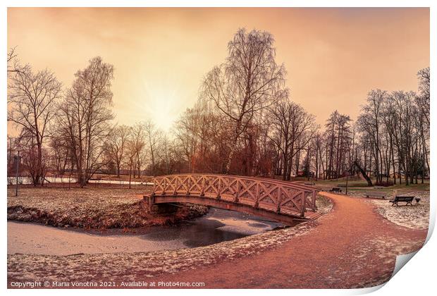 Sunset over wooden bridge in city park Print by Maria Vonotna