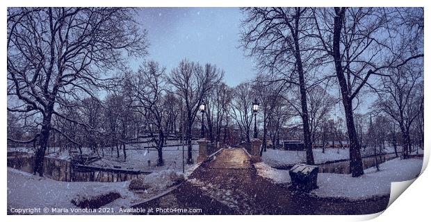Panorama of a snowy city park during in the evening Print by Maria Vonotna