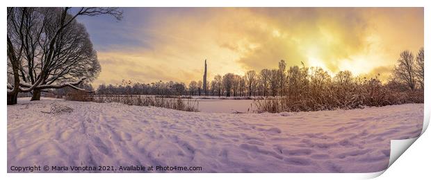Sunset over  covered in snow park in winter Print by Maria Vonotna