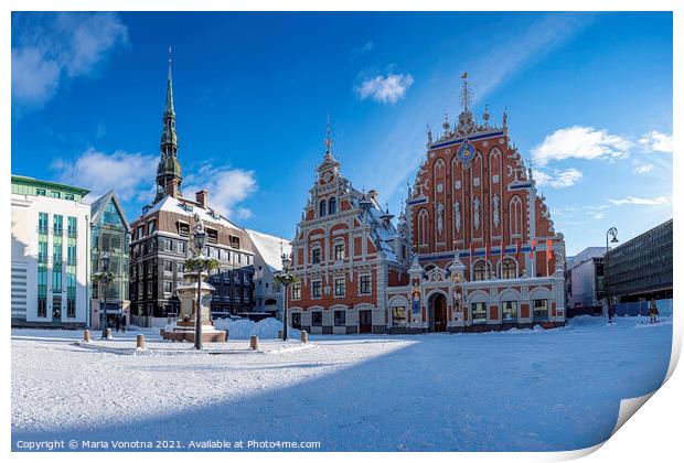 Town hall square during sunny winter snowy day in  Print by Maria Vonotna