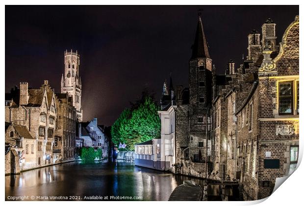 Painting of Bruges old town and Belfry tower Print by Maria Vonotna