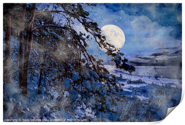 Watercolor painting of winter night seascape Print by Maria Vonotna