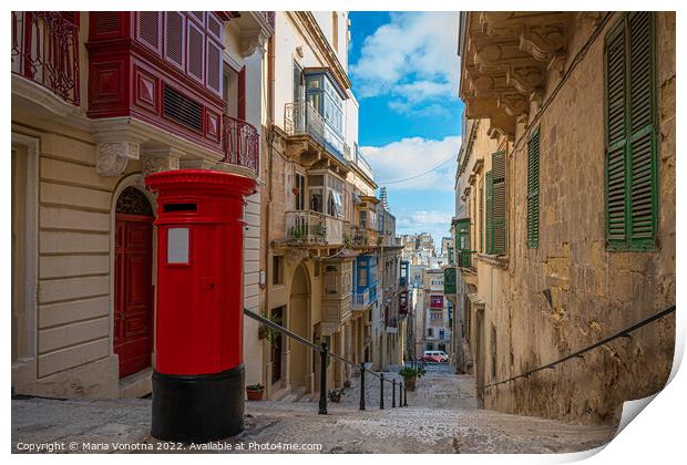 Red vintage mail box in Malta Print by Maria Vonotna