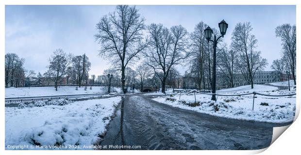 Covered in snow city park in winter in Riga, Latvia Print by Maria Vonotna