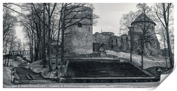 Black and white photo of old medieval Cesis Castle castle Print by Maria Vonotna