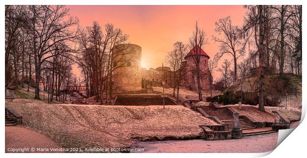 Sunset over Cesis castle in beautiful park Print by Maria Vonotna