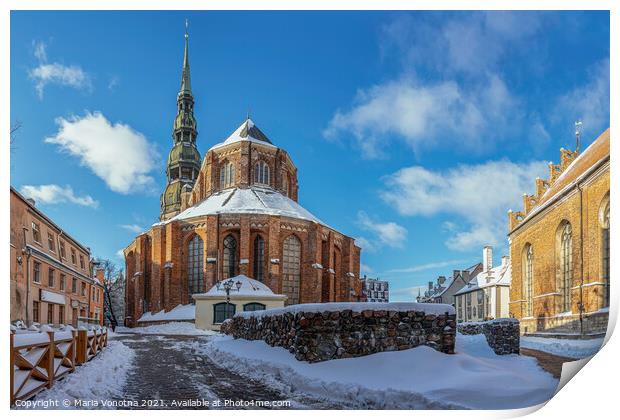 Saint Peter's church against blue sky in winter in Riga, Latvia. Print by Maria Vonotna