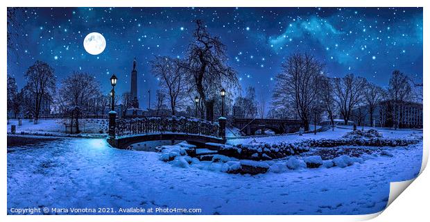 Winter night with starry sky and full moon in snow Print by Maria Vonotna