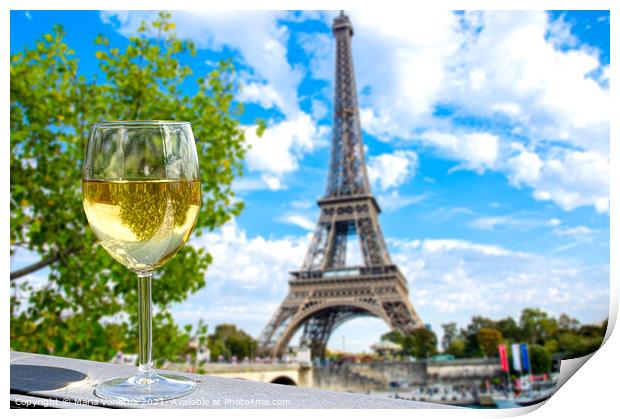 Glass of white wine with Eiffel tower view Print by Maria Vonotna