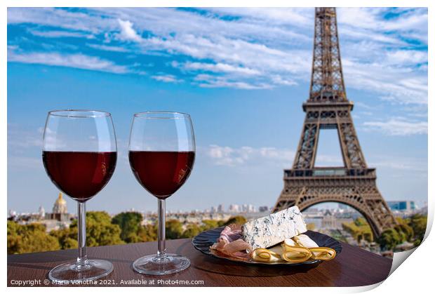 Red wine with snacks against Paris Eiffel tower Print by Maria Vonotna
