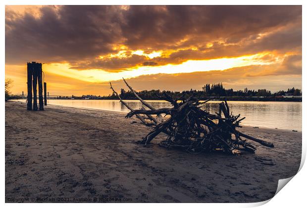 Sunset along Fraser River Print by eacmich 