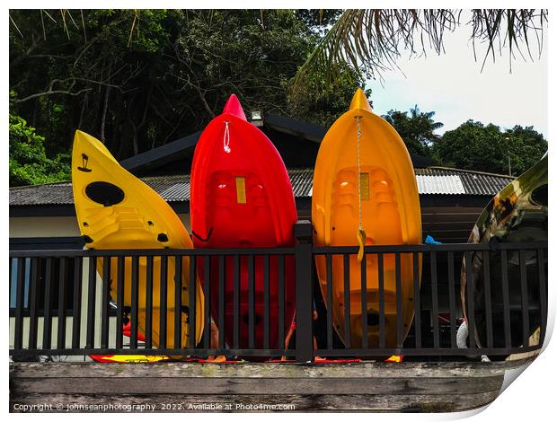 Redang Island Malaysia Colourful kayaks, boats and canoes stacke Print by johnseanphotography 