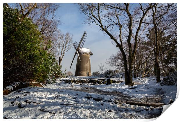 Bidston Windmill in the Snow Print by Philip Brookes