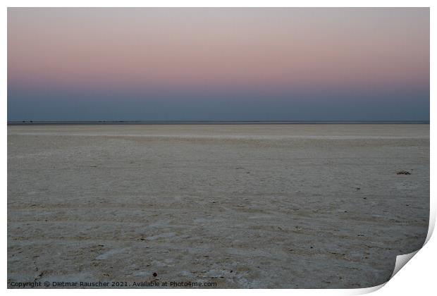 Dusk in Makgadikgadi Salt Pan - Empty Flat Plain and Horizon Print by Dietmar Rauscher