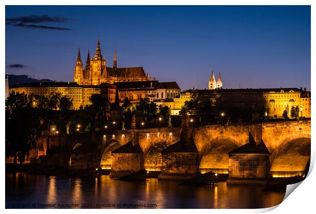 Prague Cityscape at Night with Saint Vitus Cathedral and Charles Print by Dietmar Rauscher