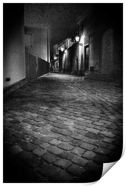 Dark, Moody Cobblestone Alley in Brno Print by Dietmar Rauscher