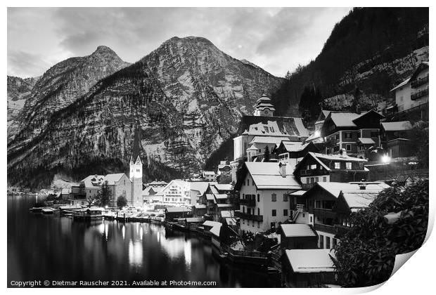 Hallstatt Cityscape on a Winter Evening Covered with Snow Black and White Print by Dietmar Rauscher