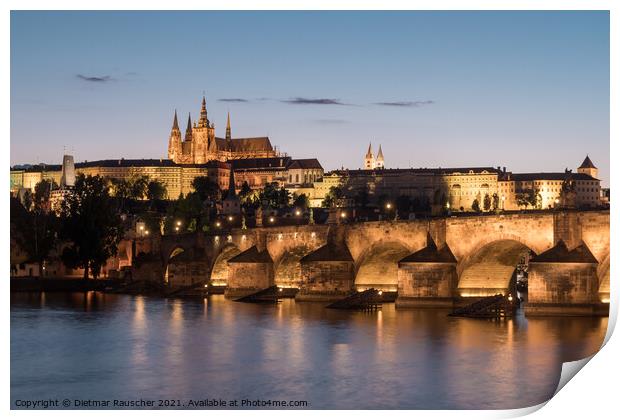 Charles Bridge in Prague at Night and  St Vitus Cathedral Print by Dietmar Rauscher