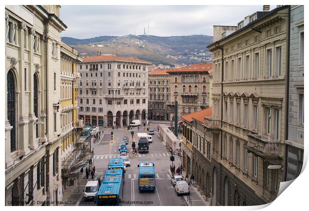 Traffic on the Piazza Goldoni in Trieste, Italy Print by Dietmar Rauscher