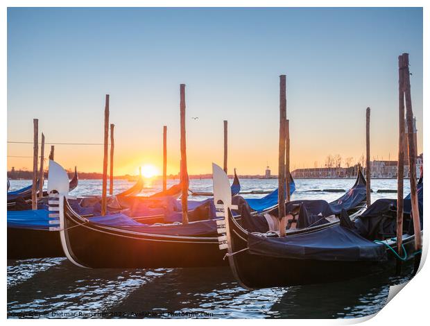 Sunrise with Gondolas in San Marco, Venice Print by Dietmar Rauscher