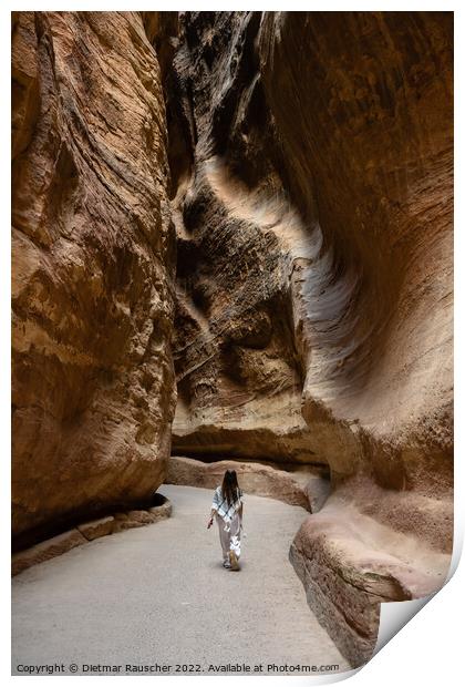 The Siq Gorge in the Nabatean City Petra with a Girl Print by Dietmar Rauscher