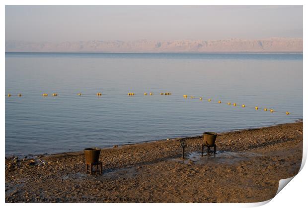 Dead Sea Beach with Mud Buckets in Jordan Print by Dietmar Rauscher