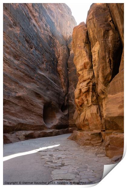 Al Siq Gorge in Petra with Nabataean Paved Road Print by Dietmar Rauscher