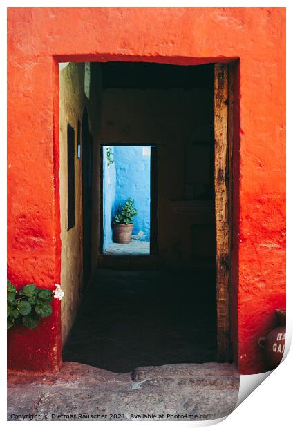 Door with Orange Walls in Santa Catalina Monastery, Arequipa, Peru Print by Dietmar Rauscher
