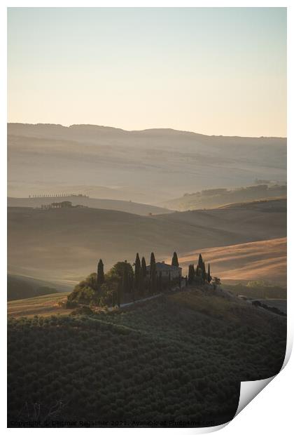 Podere Belvedere Villa in Val d'Orcia, Tuscany, Italy at Sunrise Print by Dietmar Rauscher